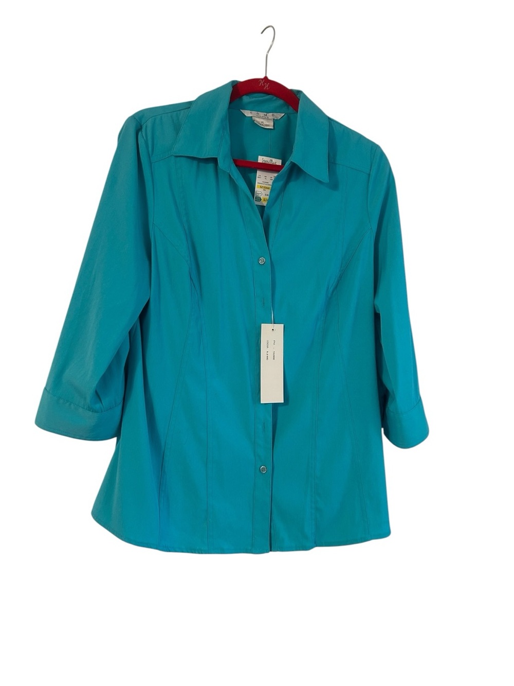 NWT Women's COMO Stretch turquoise button-down blouse Size XL